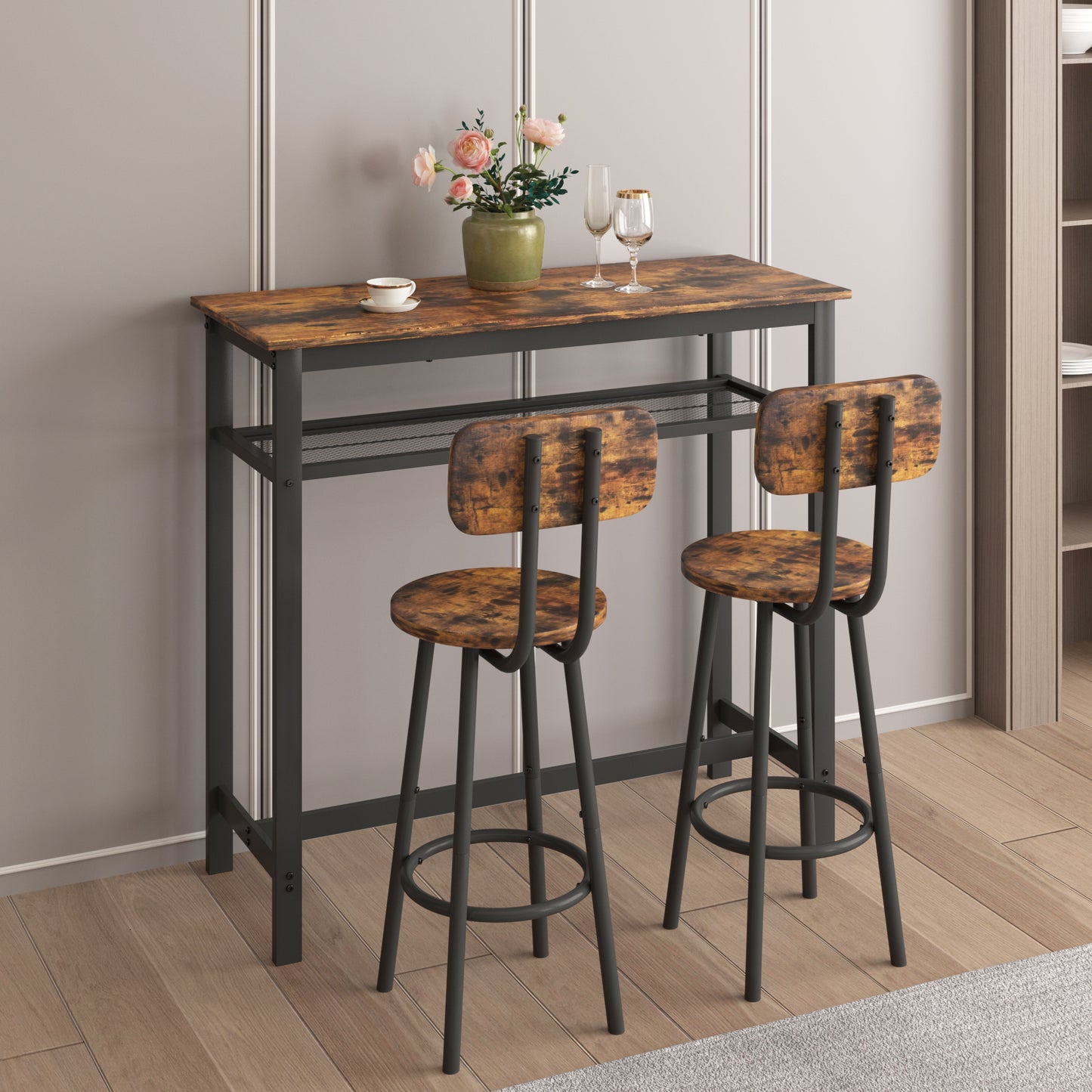 Bar table, equipped with 2 bar stools , with backrest and partition (Rustic Brown)