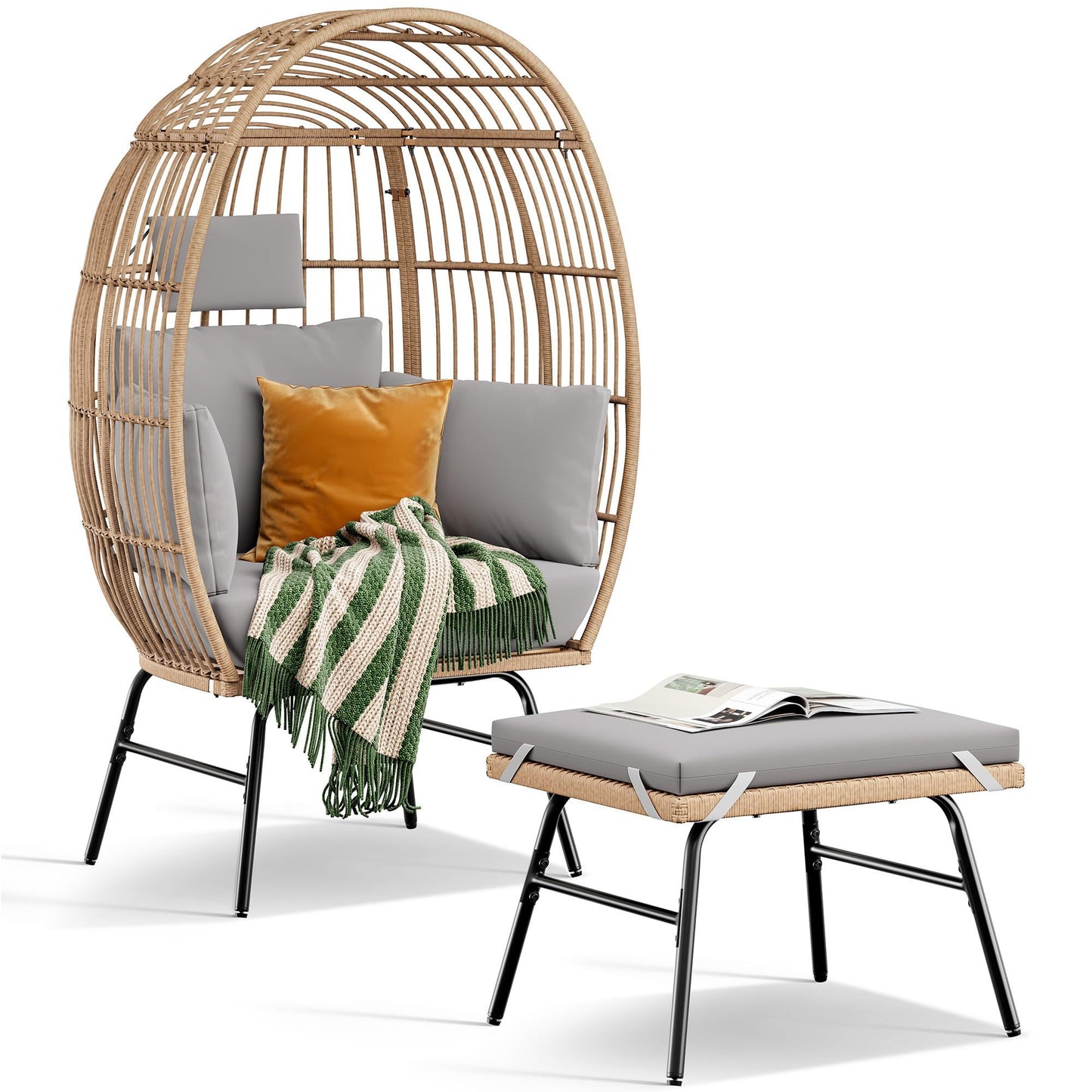 Outdoor Garden Wicker Egg Chair And Footstool Patio Chaise, With Cushions, Outdoor Indoor Basket Chair