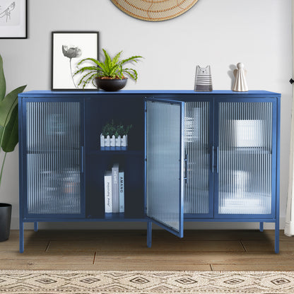 Stylish 4-Door Tempered Glass Cabinet with 4 Glass Doors Adjustable Shelf and Feet Anti-Tip Dust-free Fluted Glass Kitchen Credenza Blue