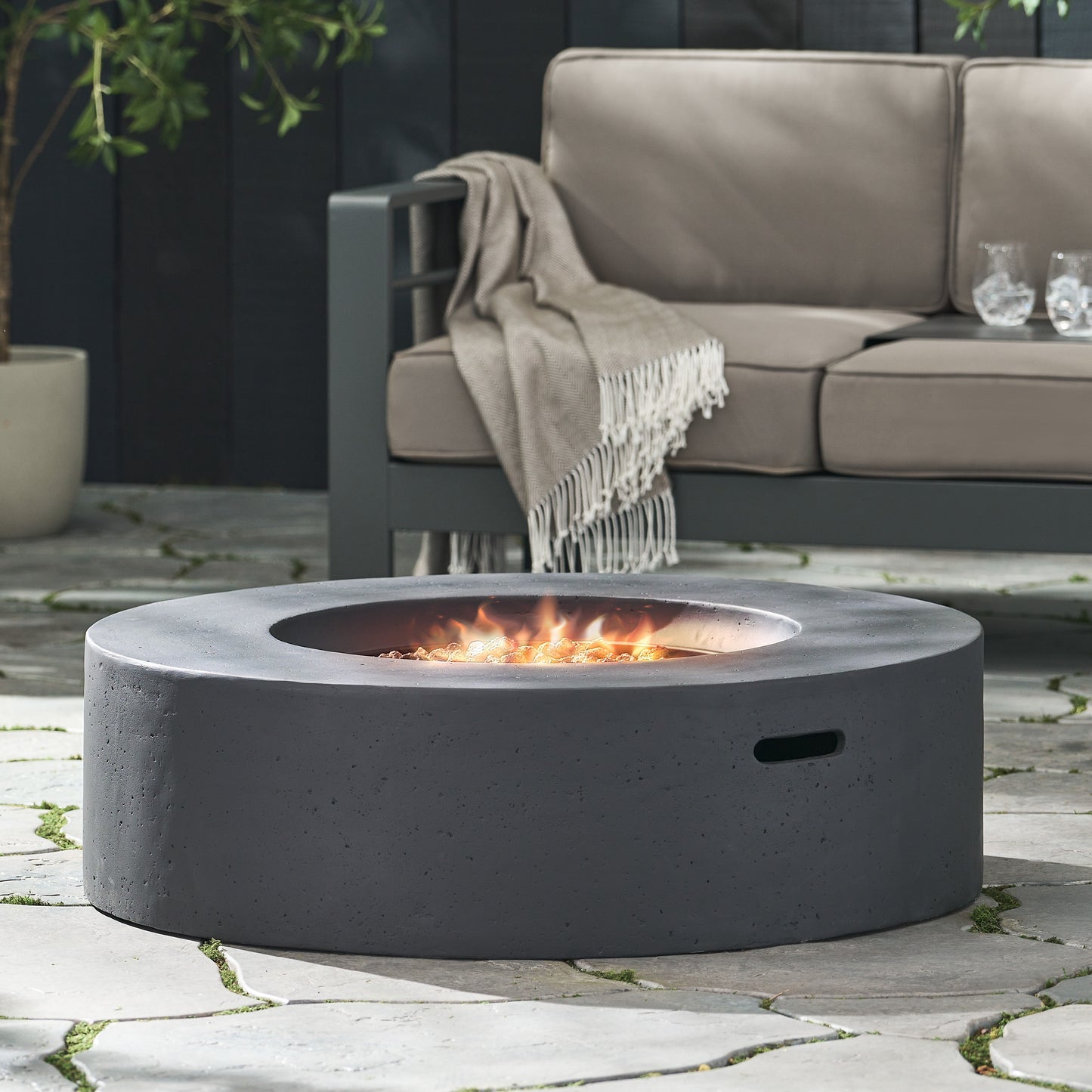 Lightweight Concrete Outdoor Circular Fire Pit, Dark Gray 50,000 BTU (Tank Cover not Included)