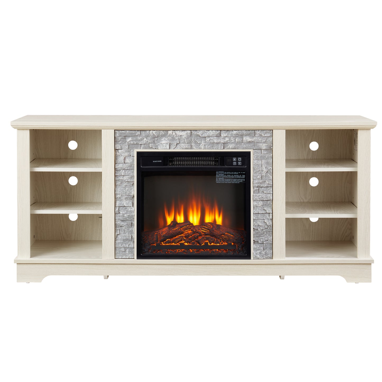 Mantel Electric Fireplace Stone TV Media Stand, Open Storage Modern Entertainment Console  Space with 18" Fireplace Insert, White, 58.31"W*15.39"D*26.06"H