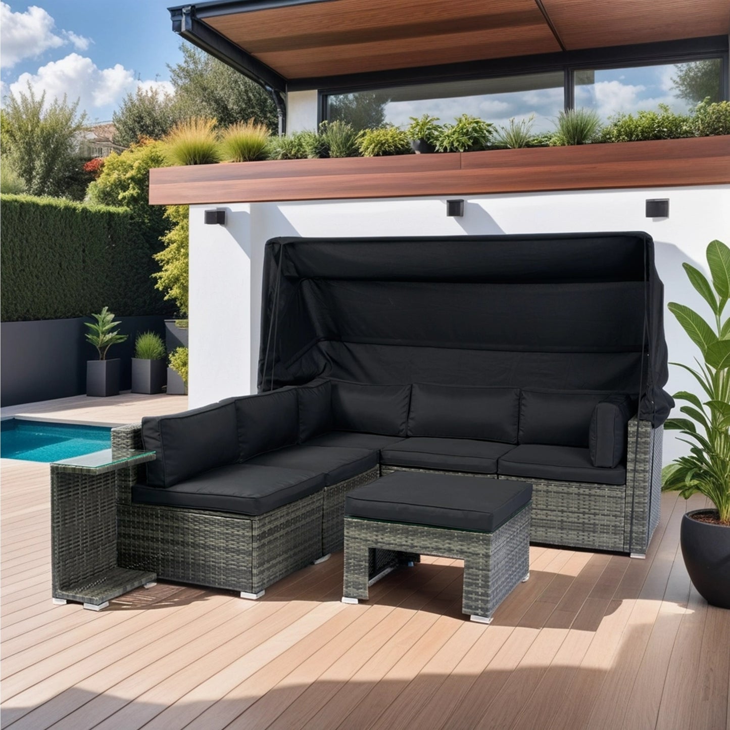 7-Piece Patio Furniture Set w/Retractable Canopy Wicker Rattan Sectional Sofa Set Patio Furniture with Washable Cushions for Lawn, Garden, Backyard, Poolside  Grey wicker + Black Cushion