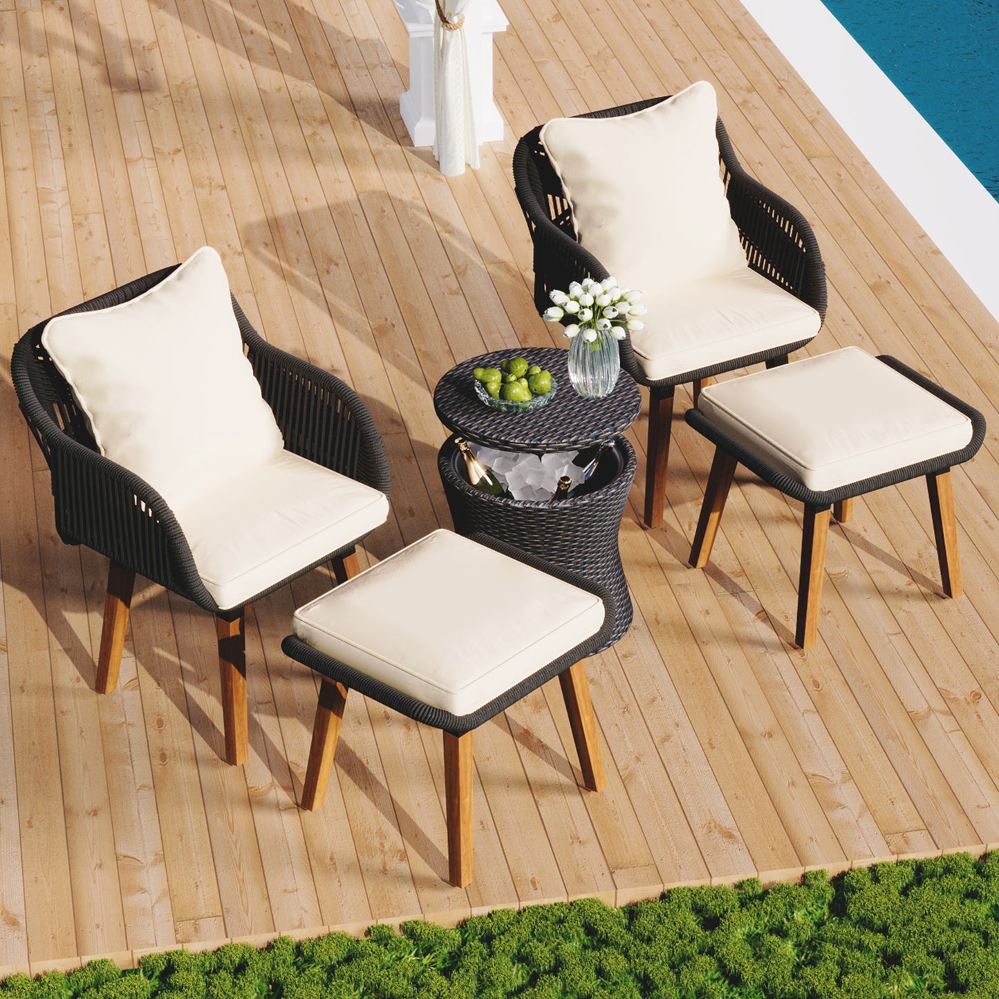 K&K 5 Pieces Patio Furniture Chair Sets, Patio Conversation Set With Wicker Cool Bar Table, Ottomans,Outdoor Furniture Bistro Sets for Porch,Backyard,Balcony,Poolside Black&Beige