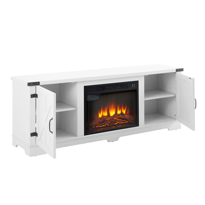 Modern Farmhouse TV Media Stand, Large Barn Inspired Home Entertainment Console, with 23" Fireplace Insert, for TV Up to 70'', with Open Shelves and Closed Cabinets, White, 64.8"W*15.67"D*24.29"H