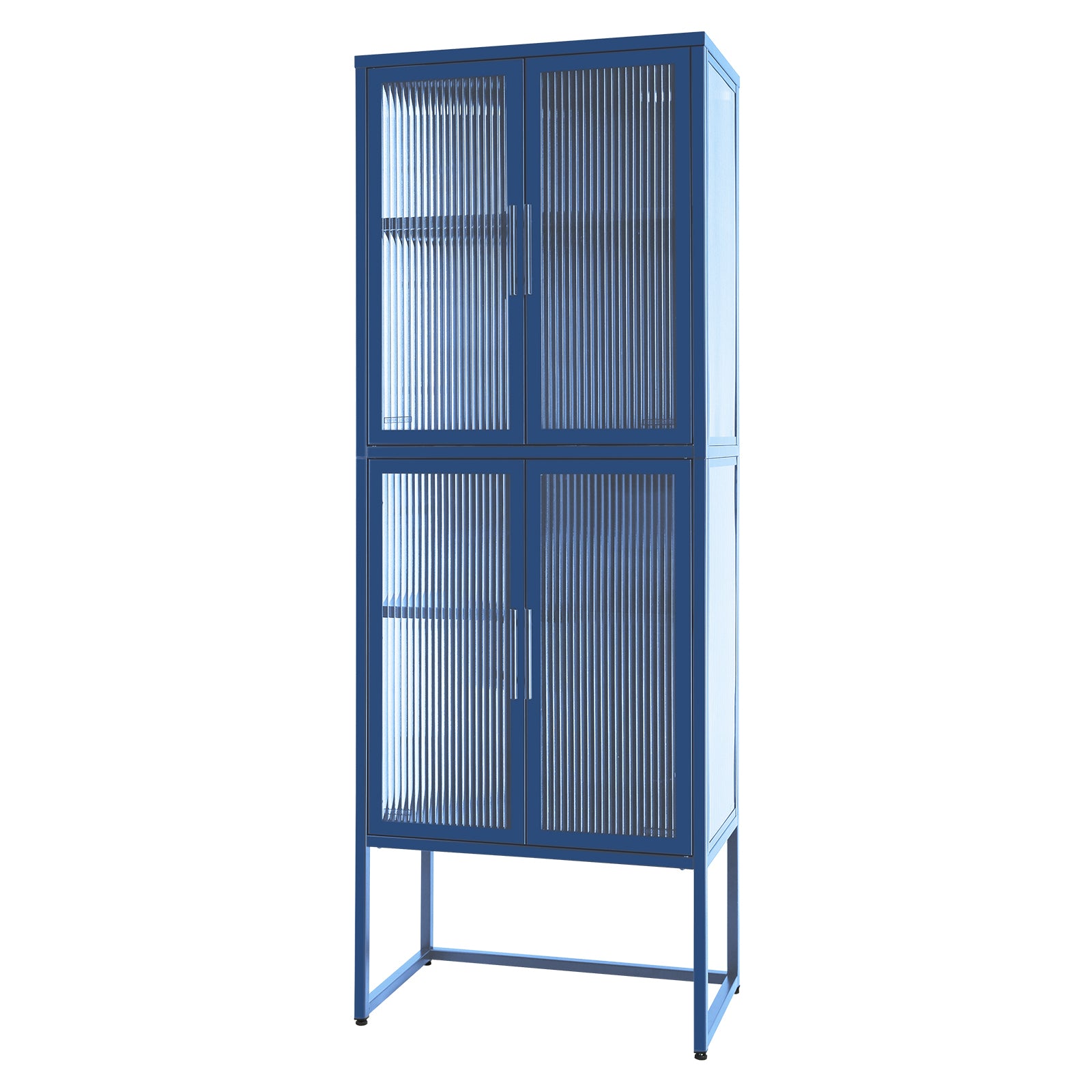 Stylish 4-Door Tempered Glass Cabinet with 4 Glass Doors Adjustable Shelves U-Shaped Leg Anti-Tip Dust-free Fluted Glass Kitchen Credenza Blue