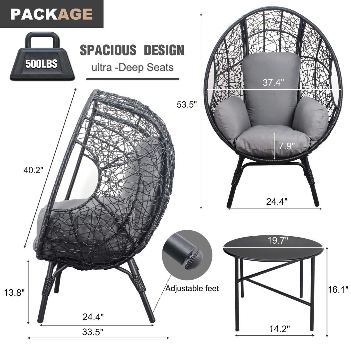 3 Pieces Patio Egg Chairs (Model 3) with Side Table Set,Black Color PE Rattan and Grey Cushion