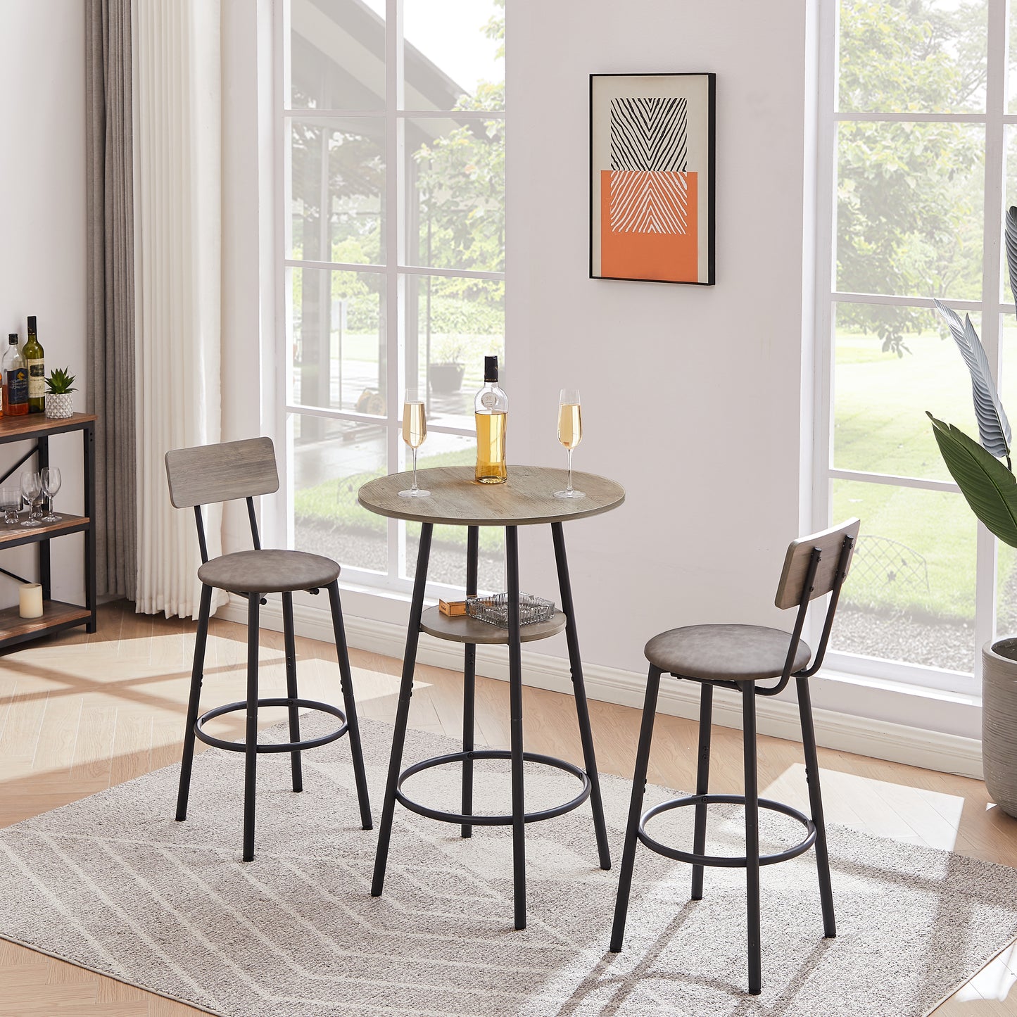 Round bar stool set with shelf, upholstered stool with backrest Grey, 23.62'' W x 23.62'' D x 35.43'' H.