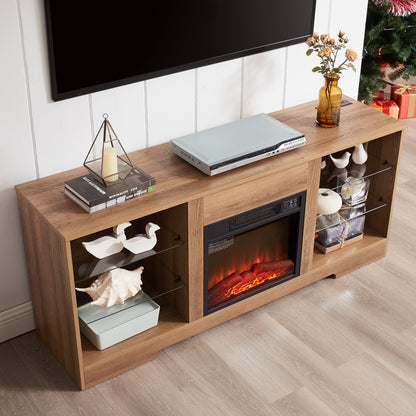 TV Stand Electric Fireplace  Glass Shelves, 3D Fireplace TV Stand with LED Lights Wood with USB Charging Outlet Modern Television Table Center for TV up to 62" OAK 58''W*15.5''D*24.4