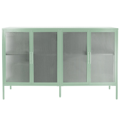 Stylish 4-Door Tempered Glass Cabinet with 4 Glass Doors Adjustable Shelf and Feet Anti-Tip Dust-free Fluted Glass Kitchen Credenza Light Green