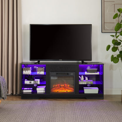 TV Stand Electric Fireplace TV Stand with Glass Shelves, 3D Fireplace TV Stand with LED Lights Wood with USB Charging Outlet Modern Television Table Center for TV up to 32-62" Black 58''W*15.5''D*24.4