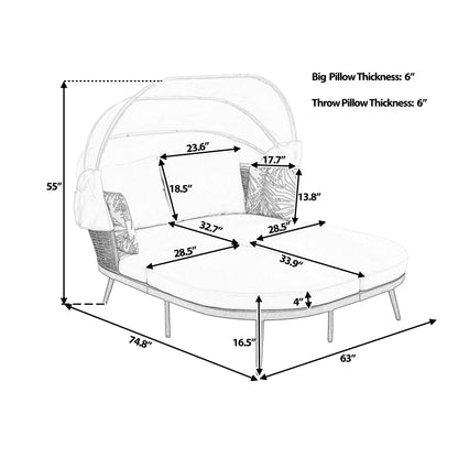 Patio Daybed with Retractable Canopy, Outdoor Rattan PE Wicker Back Loveseat Sofa Set with Throw Pillows and Cushions for Backyard, Poolside, Garden, Brown