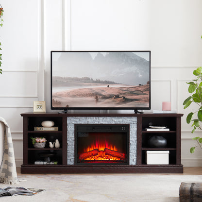 Large TV Desk Storage Rack with Faux Stacked Stone Surround,Media Console Table with Large Storage Cabinet,Modern  TV Media Stand with 23" Fireplace Insert,Cherry, 70.12"W*15.35"D*25.83"H