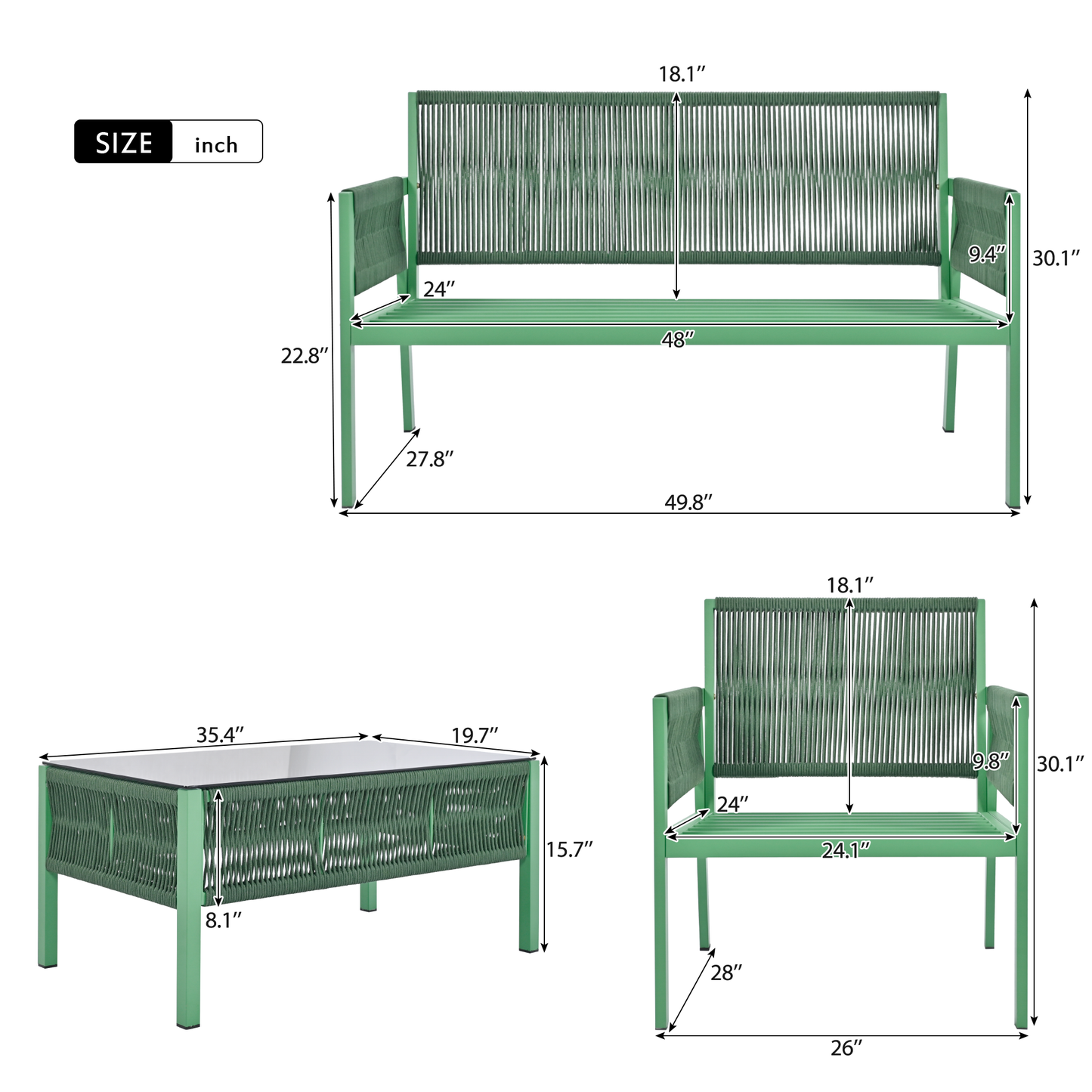 Rope Patio Furniture Set, Outdoor Furniture with Tempered Glass Table, Patio Conversation Set Deep Seating with Thick Cushion for Backyard Porch Balcony (Fluorescent Yellow & Green)