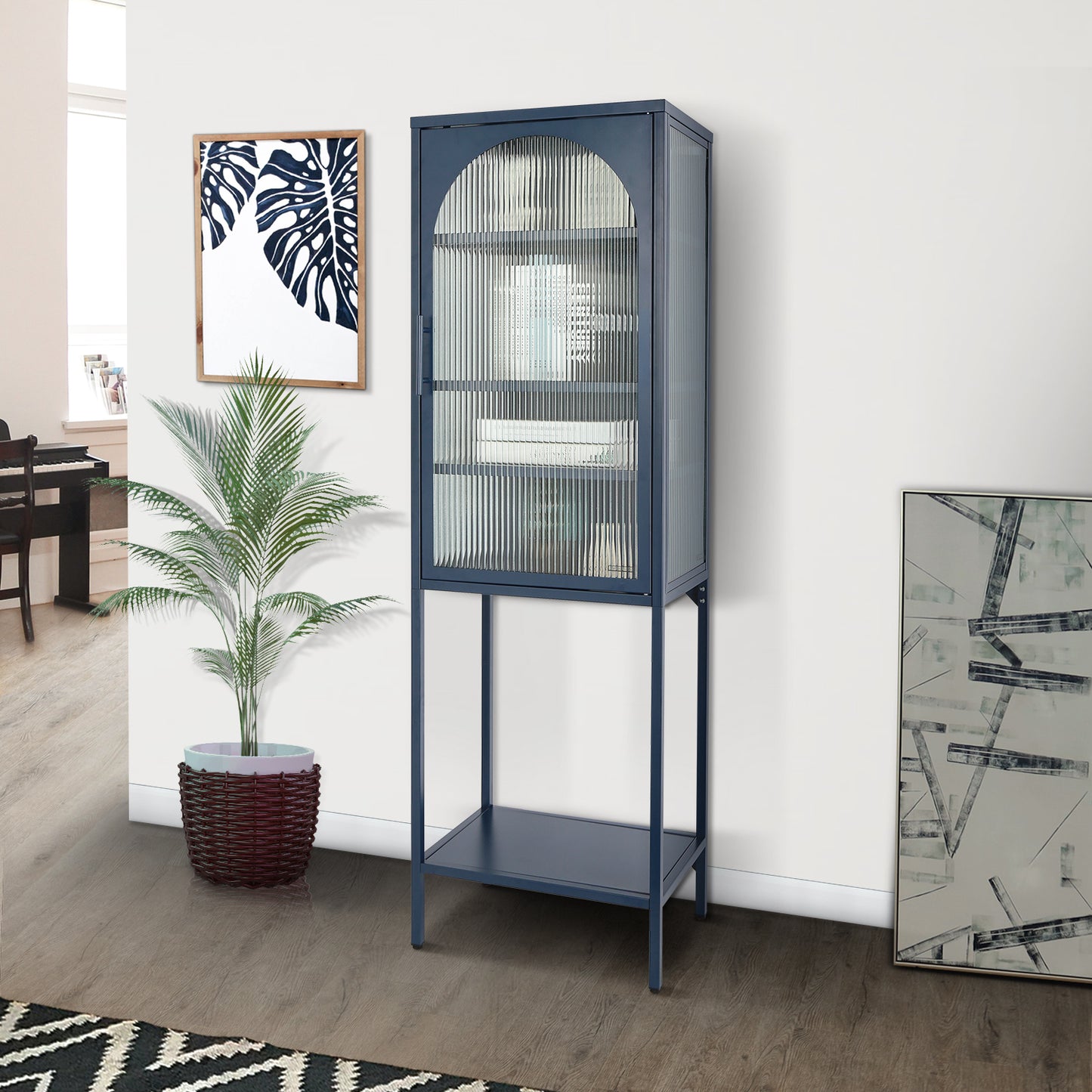 Stylish Tempered Glass High Cabinet with Arched Door Adjustable Shelves and Feet Anti-Tip Dust-free Fluted Glass Kitchen Credenza Blue