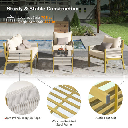 4-Piece Rope Patio Furniture Set, Outdoor Furniture with Tempered Glass Table, Patio Conversation Set Deep Seating with Thick Cushion for Backyard Porch Balcony (Beige&Mustard Yellow)