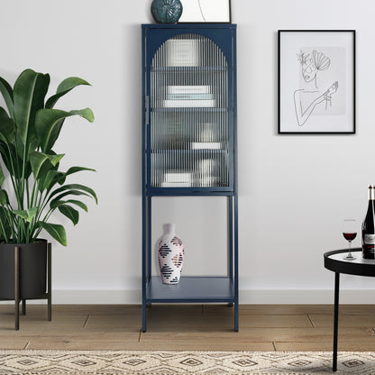 Stylish Tempered Glass High Cabinet with Arched Door Adjustable Shelves and Feet Anti-Tip Dust-free Fluted Glass Kitchen Credenza Blue