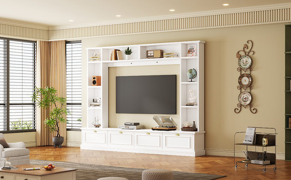 ON-TREND Large Wall Unit Entertainment Center with Bookshelves for TVs Up to 78'', Modern TV Console with Cabinets and Open Shelves, 4-in-1 TV Stand with Golden Handles, White, 104.2''W*81.2''H