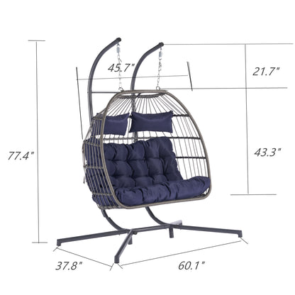 2 Person Outdoor Rattan Hanging Chair Patio Wicker Egg Chair