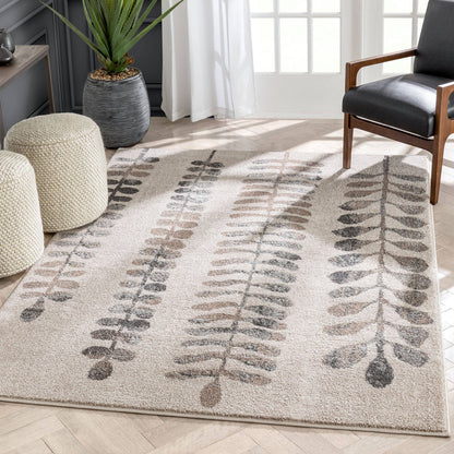 Myra Abstract Leaf Pattern Ivory Vintage Rug: 5'3" x 7'3"
