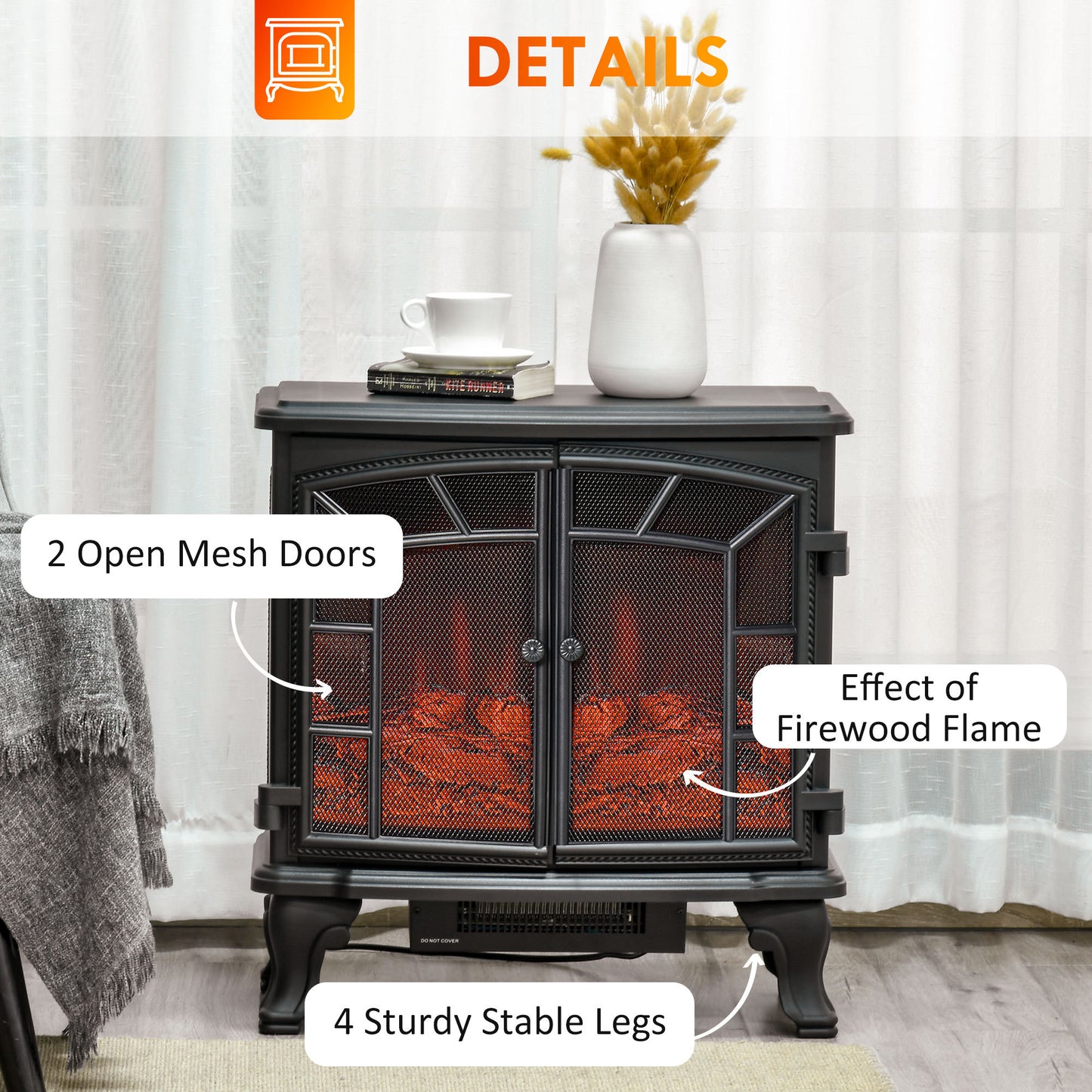 27" Electric Fireplace Heater, Fireplace Stove with Realistic LED Flames and Logs, Remote Control and Overheating Protection, 750W/1500W, Black