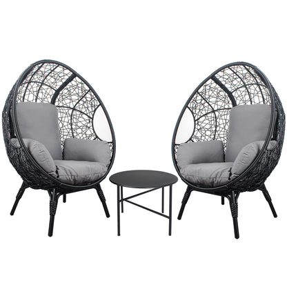 3 Pieces Patio Egg Chairs (Model 3) with Side Table Set,Black Color PE Rattan and Grey Cushion