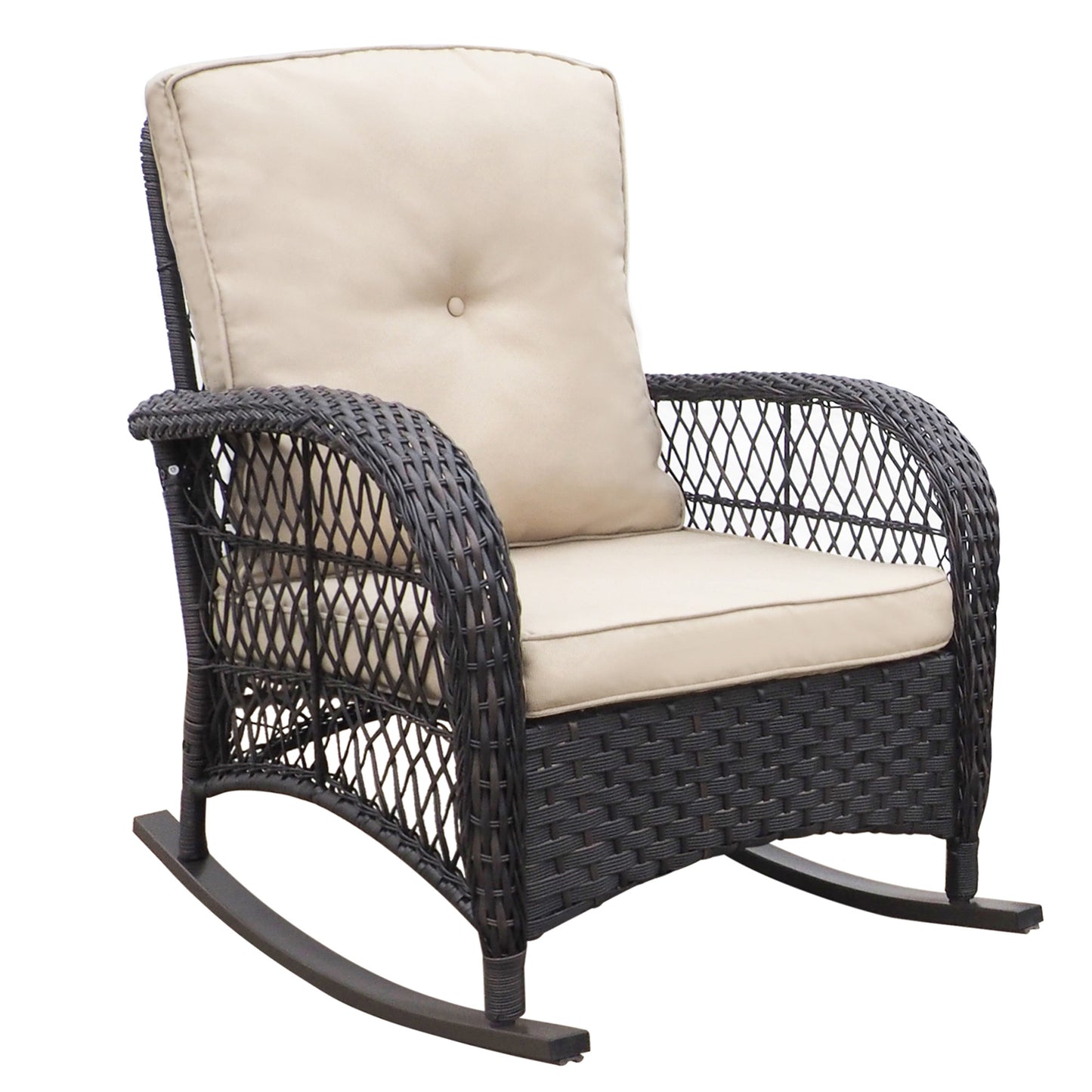 3 Pieces Conversation Set, Outdoor Wicker Rocker Patio Bistro Set, Rocking Chair with Glass Top Side Table