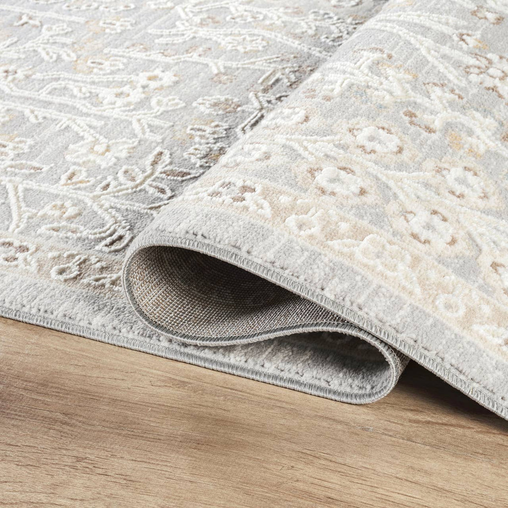 Vera Light Grey Cream Vintage Floral Botanical Rug: 5'3" x 7'6"