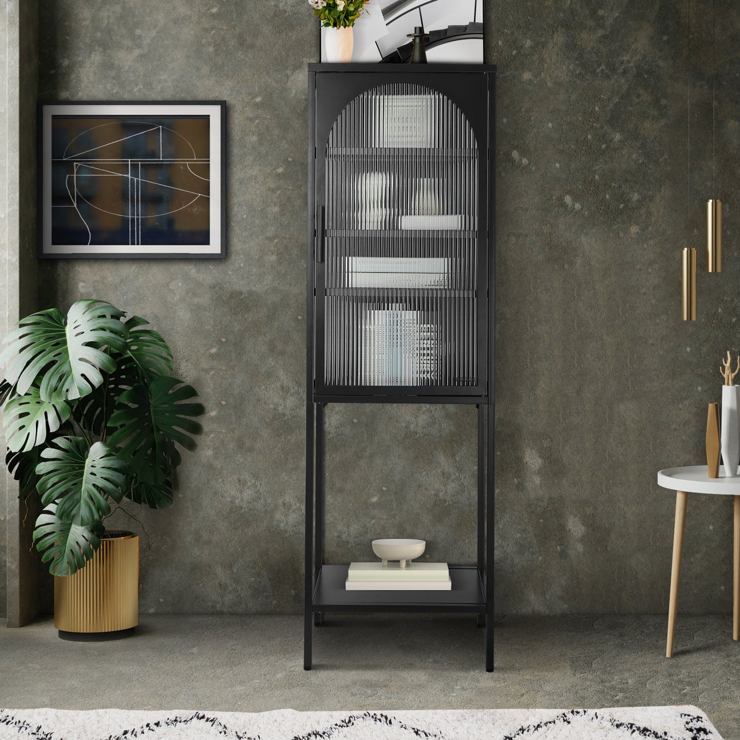 Stylish Tempered Glass High Cabinet with Arched Door Adjustable Shelves and Feet Anti-Tip Dust-free Fluted Glass Kitchen Credenza Black