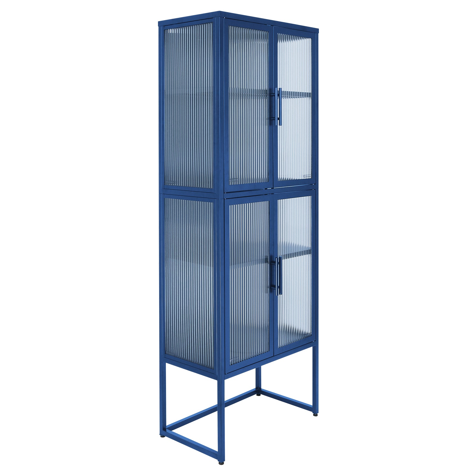 Stylish 4-Door Tempered Glass Cabinet with 4 Glass Doors Adjustable Shelves U-Shaped Leg Anti-Tip Dust-free Fluted Glass Kitchen Credenza Blue