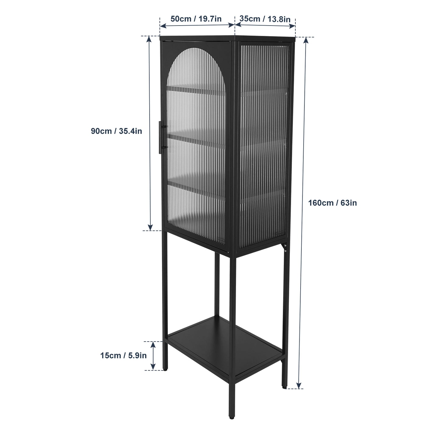 Stylish Tempered Glass High Cabinet with Arched Door Adjustable Shelves and Feet Anti-Tip Dust-free Fluted Glass Kitchen Credenza Black