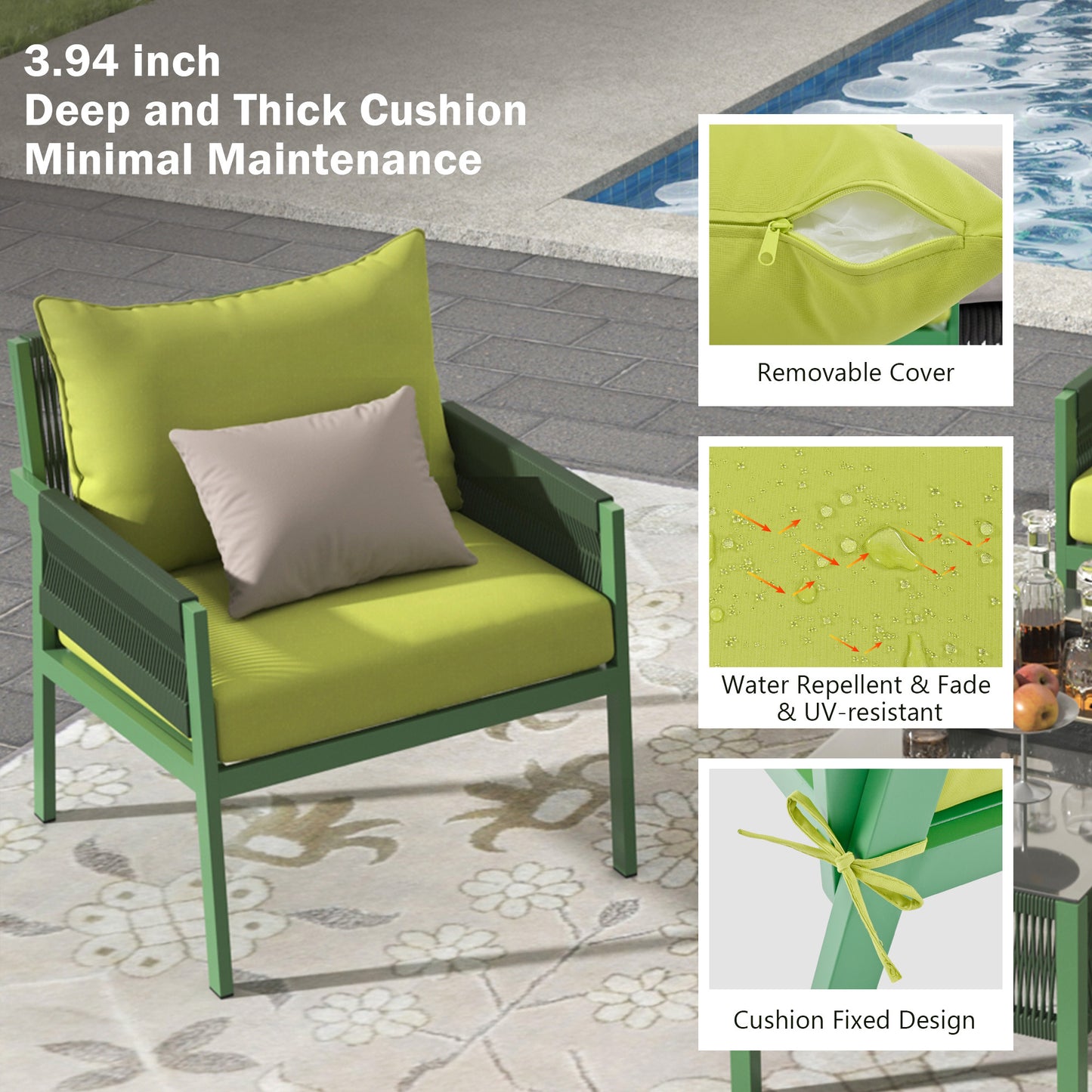 Rope Patio Furniture Set, Outdoor Furniture with Tempered Glass Table, Patio Conversation Set Deep Seating with Thick Cushion for Backyard Porch Balcony (Fluorescent Yellow & Green)