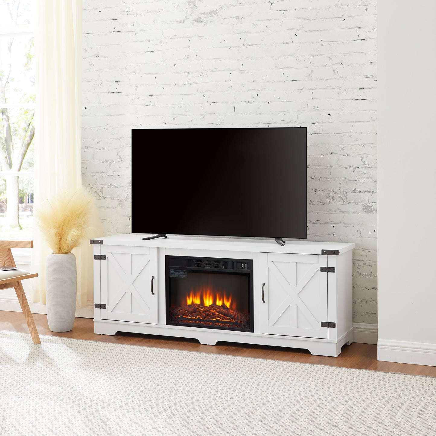 Modern Farmhouse TV Media Stand, Large Barn Inspired Home Entertainment Console, with 23" Fireplace Insert, for TV Up to 70'', with Open Shelves and Closed Cabinets, White, 64.8"W*15.67"D*24.29"H