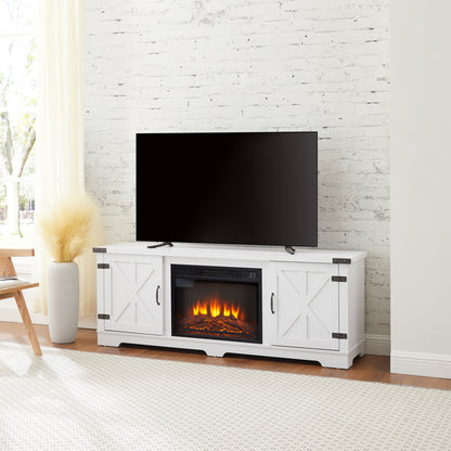 Modern Farmhouse TV Media Stand, Large Barn Inspired Home Entertainment Console, with 23" Fireplace Insert, for TV Up to 70'', with Open Shelves and Closed Cabinets, White, 64.8"W*15.67"D*24.29"H