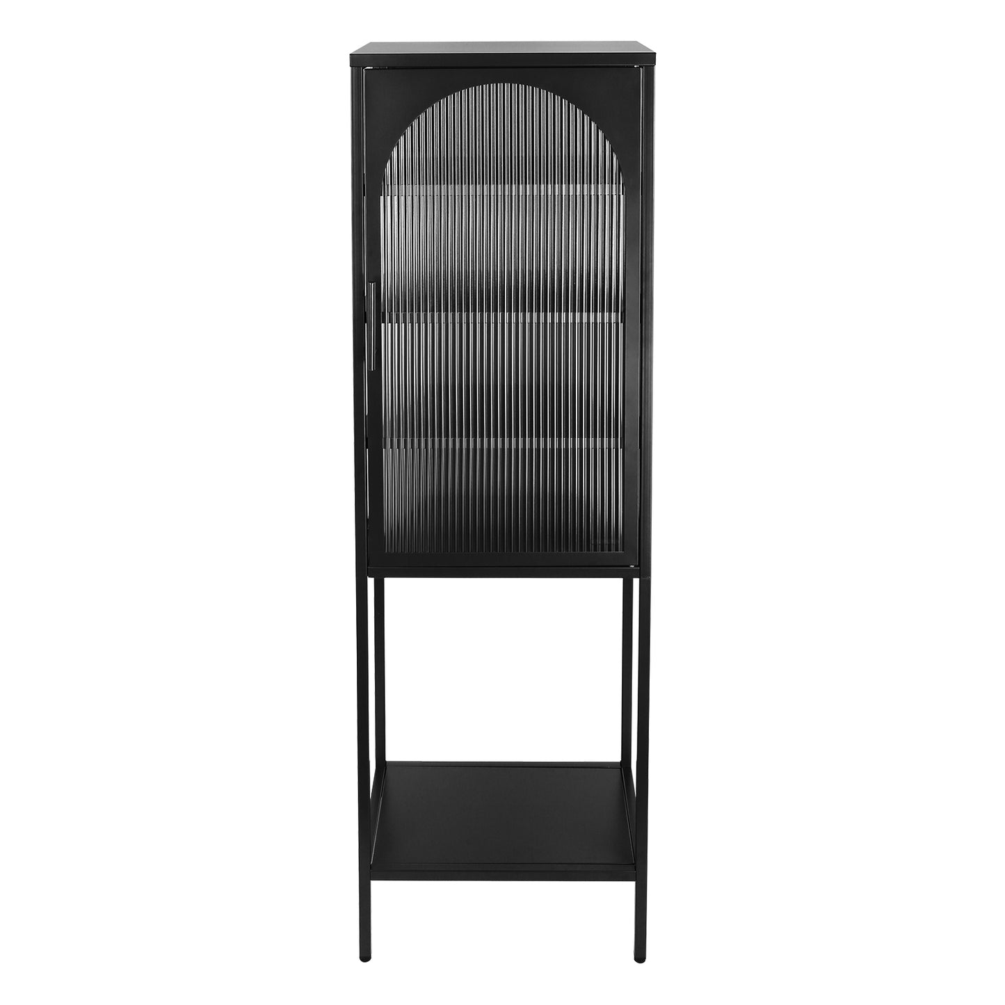 Stylish Tempered Glass High Cabinet with Arched Door Adjustable Shelves and Feet Anti-Tip Dust-free Fluted Glass Kitchen Credenza Black