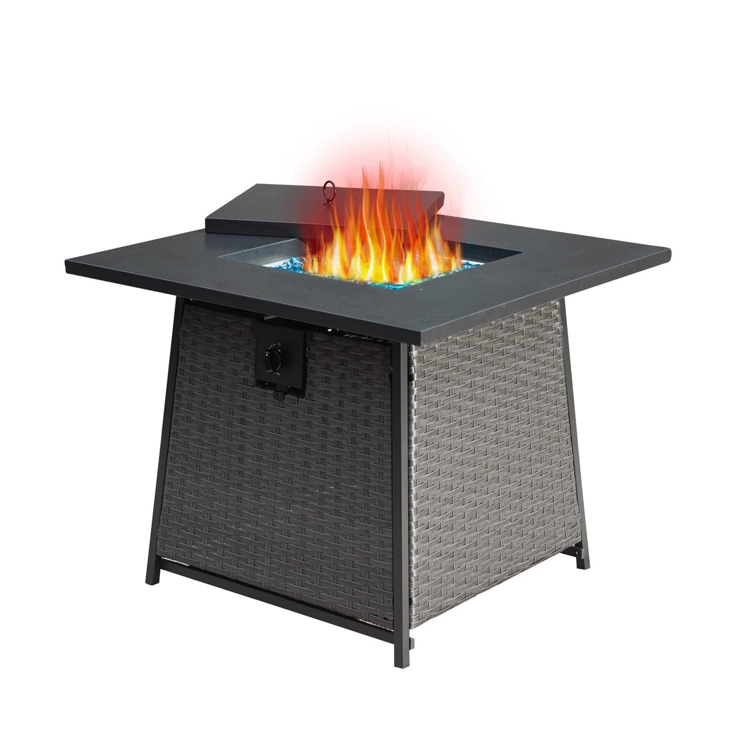 28 Inch Propane Fire Pits Table with Blue Glass Ball,50,000 BTU Outdoor Wicker Fire Table with ETL-Certified,2-in-1 Square Steel Gas Firepits (Dark Gray)