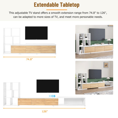 ON-TREND 74.8''-126'' Extendable TV Stand with 3 Tier Bookshelves for TVs up to 110'', Adjustable Entertainment Center with Storage Cabinets, Sliding Tabletop Media Console for Living Room, White