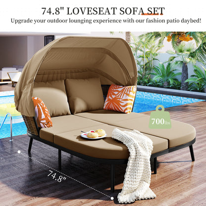 Patio Daybed with Retractable Canopy, Outdoor Rattan PE Wicker Back Loveseat Sofa Set with Throw Pillows and Cushions for Backyard, Poolside, Garden, Brown