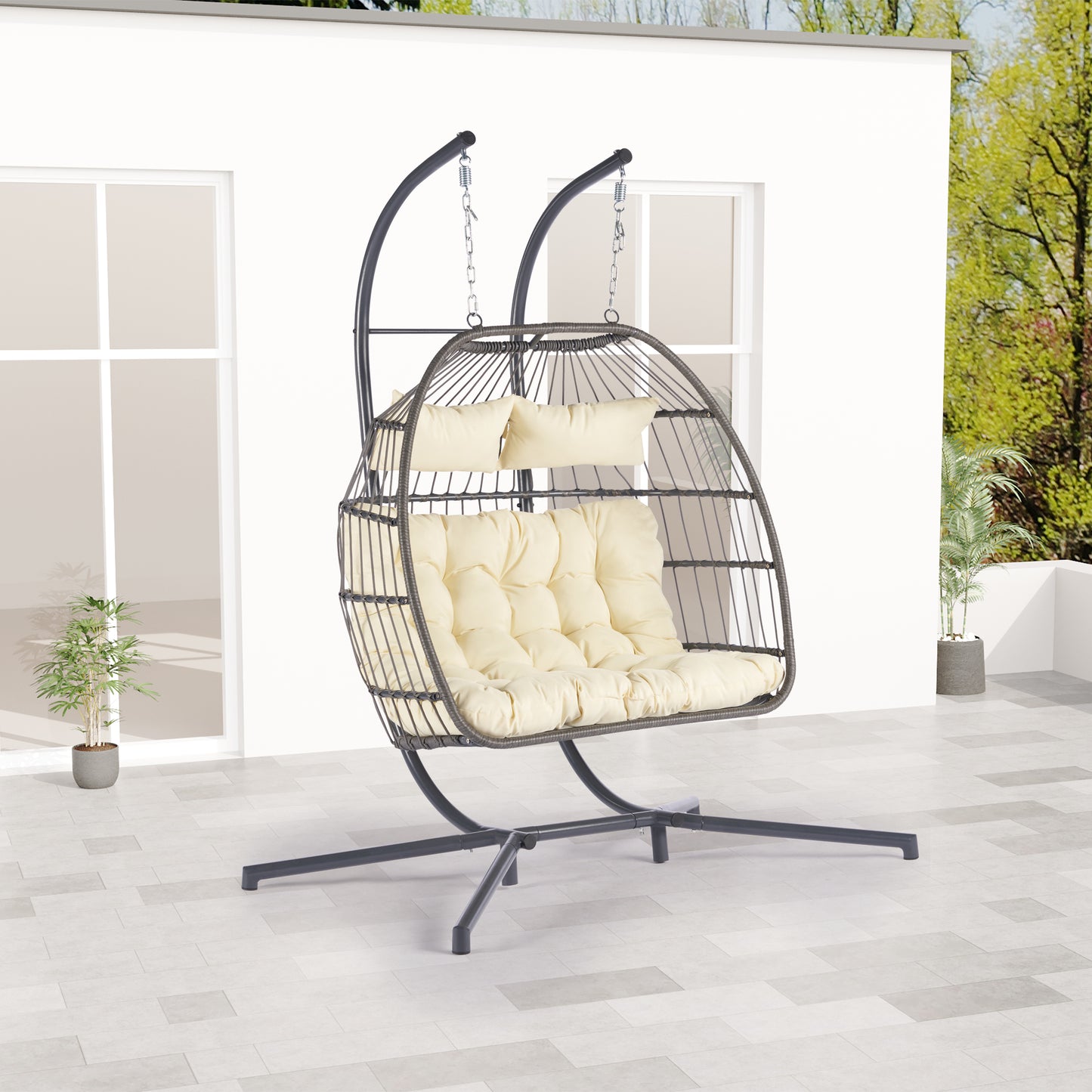 2 Person Outdoor Rattan Hanging Chair Patio Wicker Egg Chair