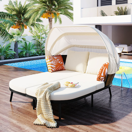 Daybed with Retractable Canopy, Outdoor Rattan PE Wicker Back Loveseat Sofa Set with Throw Pillows and Cushions for Backyard, Poolside, Garden, Beige