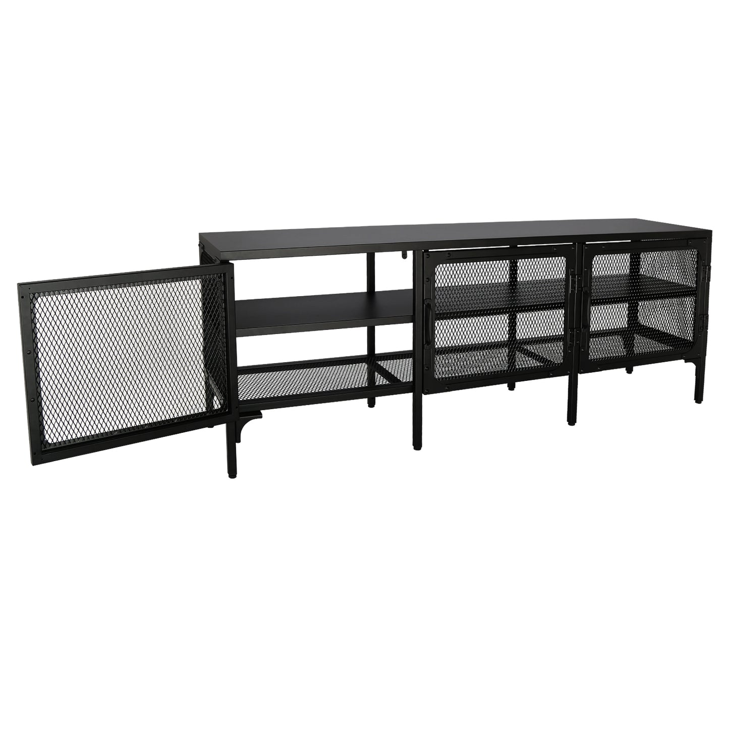 Metal TV Stand Entertainment Center Cabinet TV Console Table with 3 Metal Mesh Doors 2-Tier Storage Shelves for Living Room Frosted Black