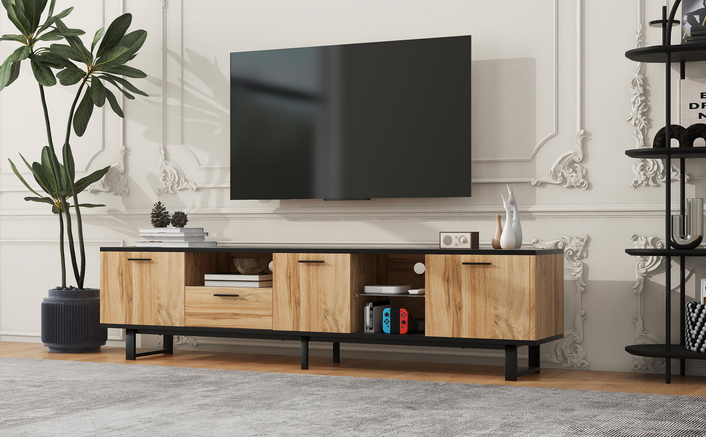 Modern TV Stand with 4 Cabinets& Open Shelves, Color-matching Media Console Table for TVs up to 80'', Entertainment Center with Drop Down Door for Living Room, Bedroom, Home Theatre