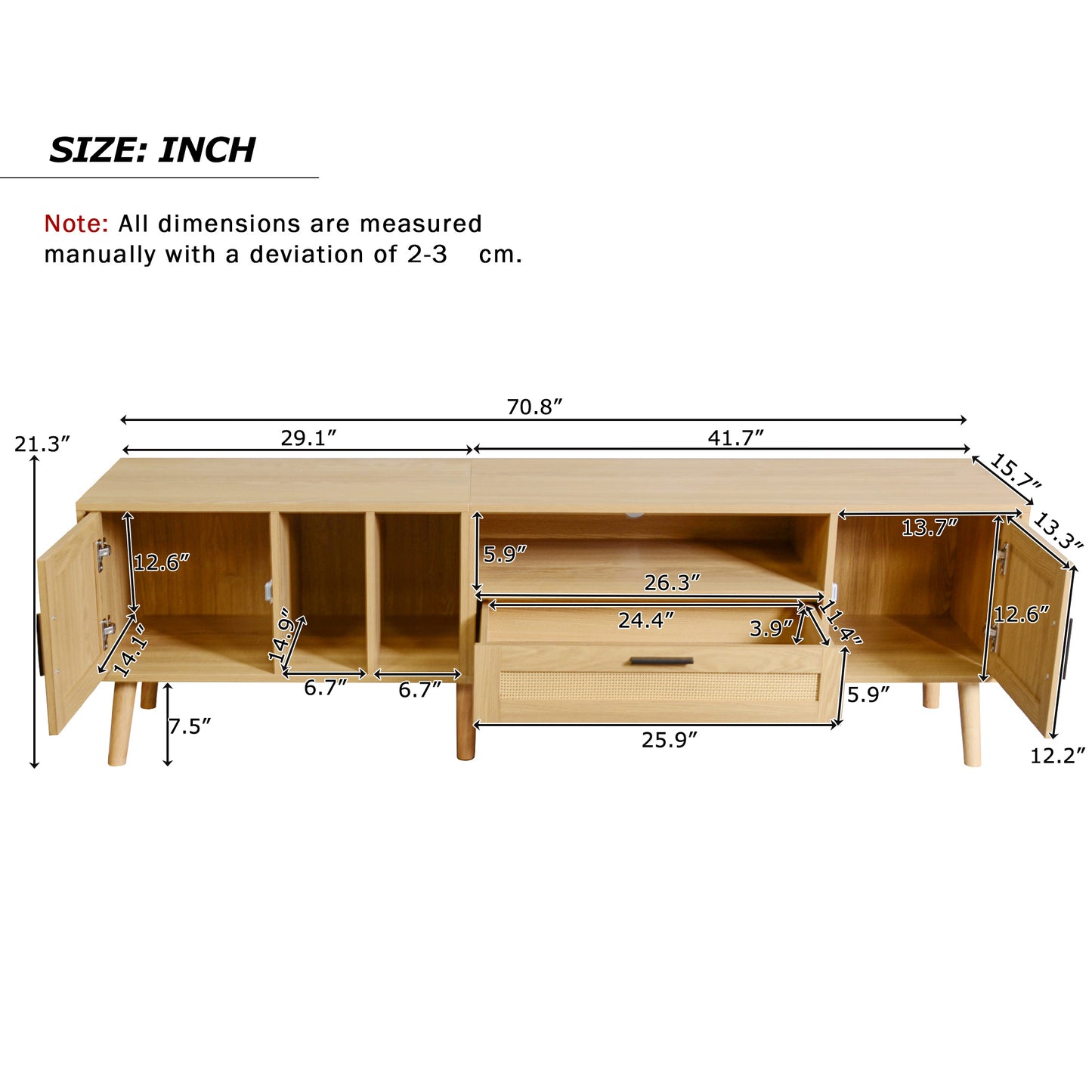 Rattan TV Stand with 2 Cabinets & 2 Open Shelves, Rattan-inspired Media Console Table for TVs up to 80'', Entertainment Center with Solid Wood Legs, TV cabinet for Living room, Bedroom, Home Theatre