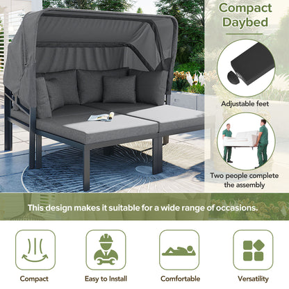 TOPMAX 3-Piece Patio Daybed with Retractable Canopy Outdoor Metal Sectional Sofa Set Sun Lounger with Cushions for Backyard, Porch, Poolside,Grey