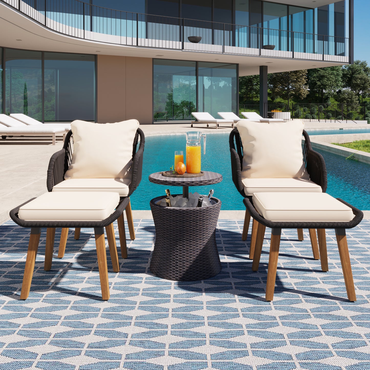 K&K 5 Pieces Patio Furniture Chair Sets, Patio Conversation Set With Wicker Cool Bar Table, Ottomans,Outdoor Furniture Bistro Sets for Porch,Backyard,Balcony,Poolside Black&Beige