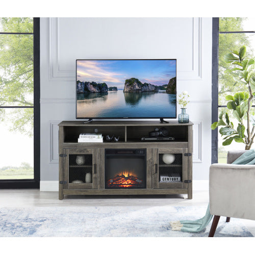 Modern Farmhouse TV Stand with Electric Fireplace, Fit up to 65" Flat Screen TV with Storage Cabinet and Adjustable Shelves Industrial Entertainment Center for Living Room, Grey