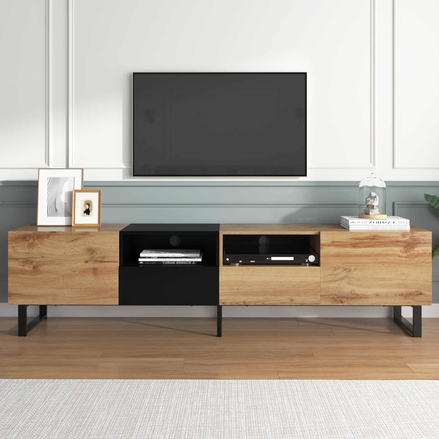 Modern TV Stand with 2 Cabinets& Open Storage Compartment, Color-matching Media Console Table for TVs up to 85'', Entertainment Center with Drop Down Door for Living Room, Bedroom, Home Theatre