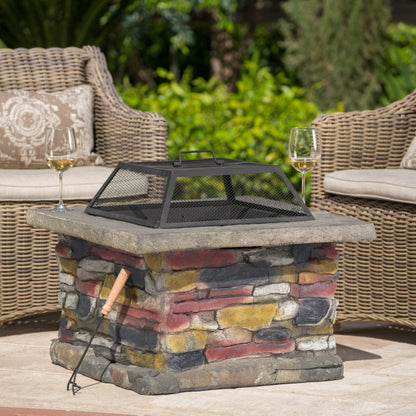 28" Concrete Wood Burning Outdoor Fire Pit Table with Lid - Natural Gray