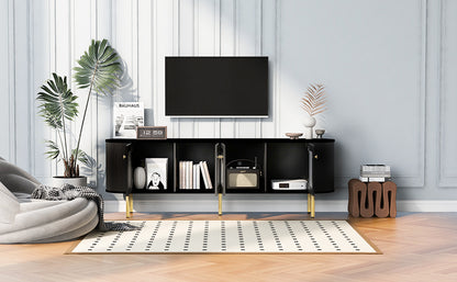 Modern TV Stand for TVs up to 80 Inches, Entertainment Center with 4 Cabinets, Wood Media Console with Metal Legs and Handles for Living room, Black