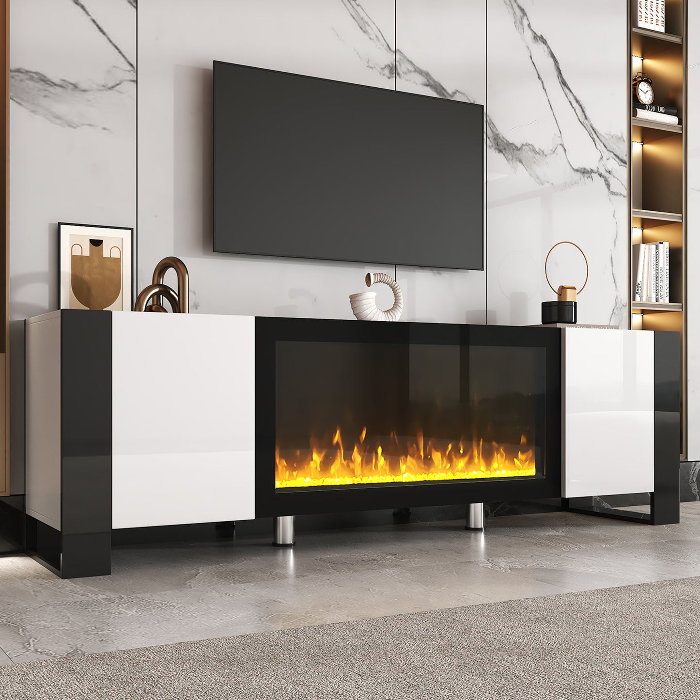 ON-TREND Modern TV Stand with 34.2" Non-heating Electric Fireplace, High Gloss Entertainment Center with 2 Cabinets, Media Console for TVs up to 78", White