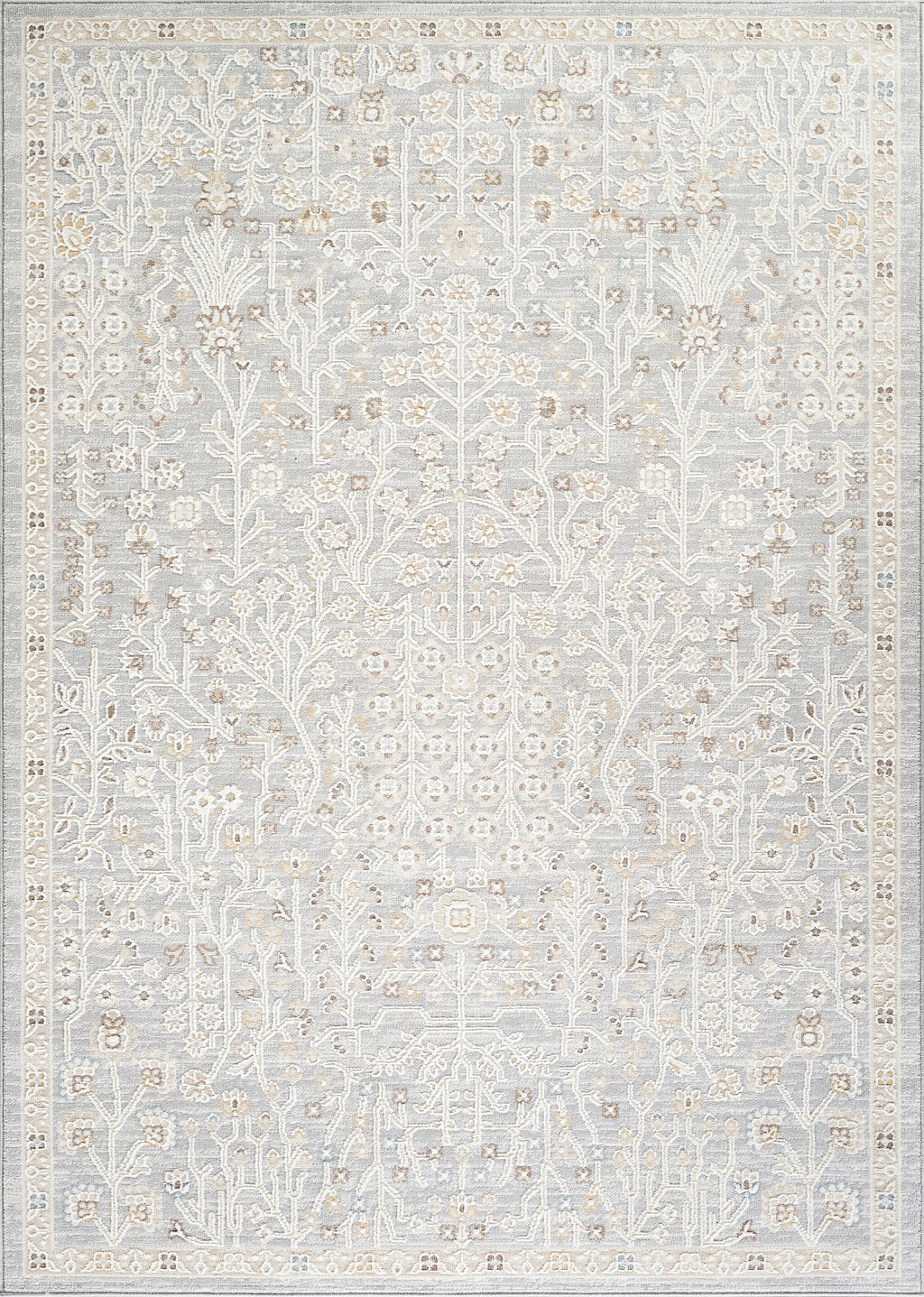 Vera Light Grey Cream Vintage Floral Botanical Rug: 5'3" x 7'6"